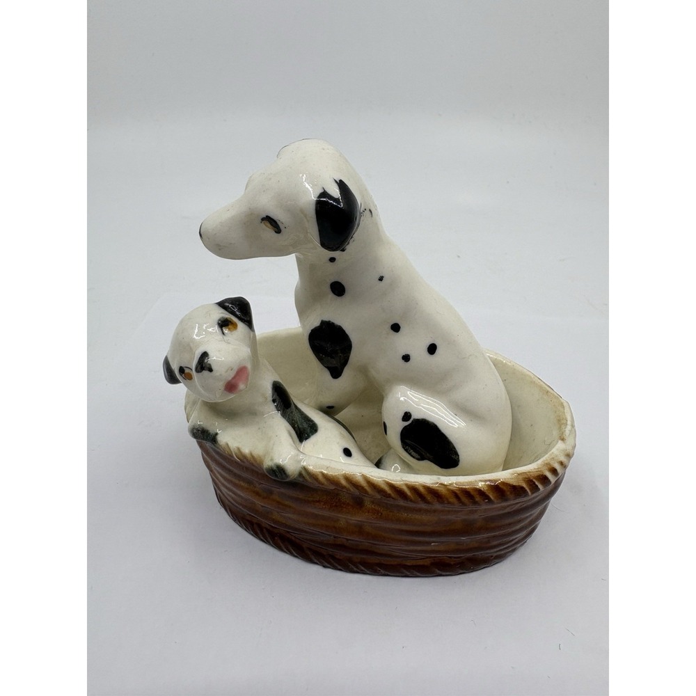 Vintage Japan Porcelain DALMATIAN Parent Dog & Puppy In A Basket 3.75" Tall - Picture 2 of 6
